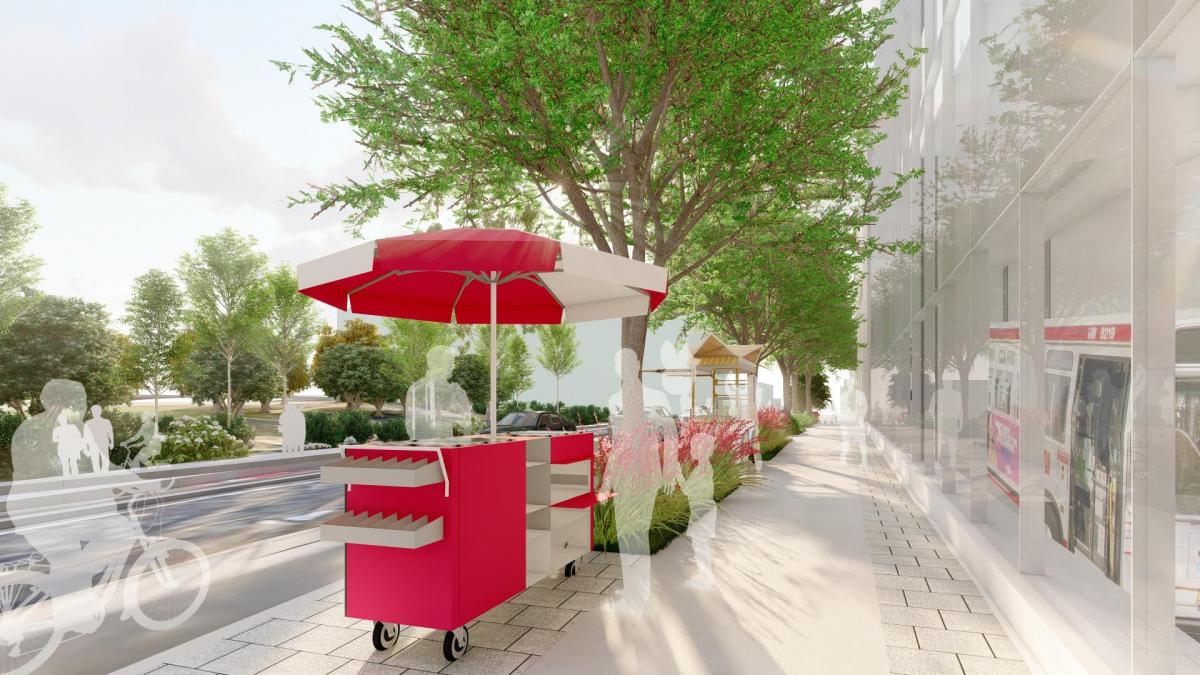 Rendering shows a red kiosk with a red and white umbrella. It's on a sidewalk next to shadows of people biking and customers standing by.